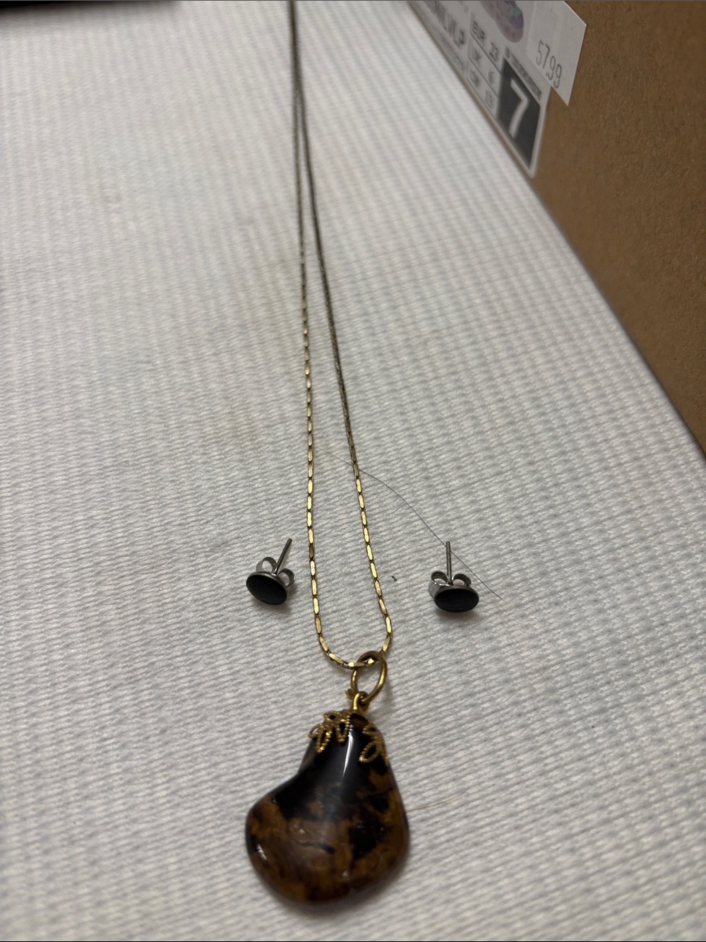 Gold Chain Necklace with Brown Black Agate Pendant by